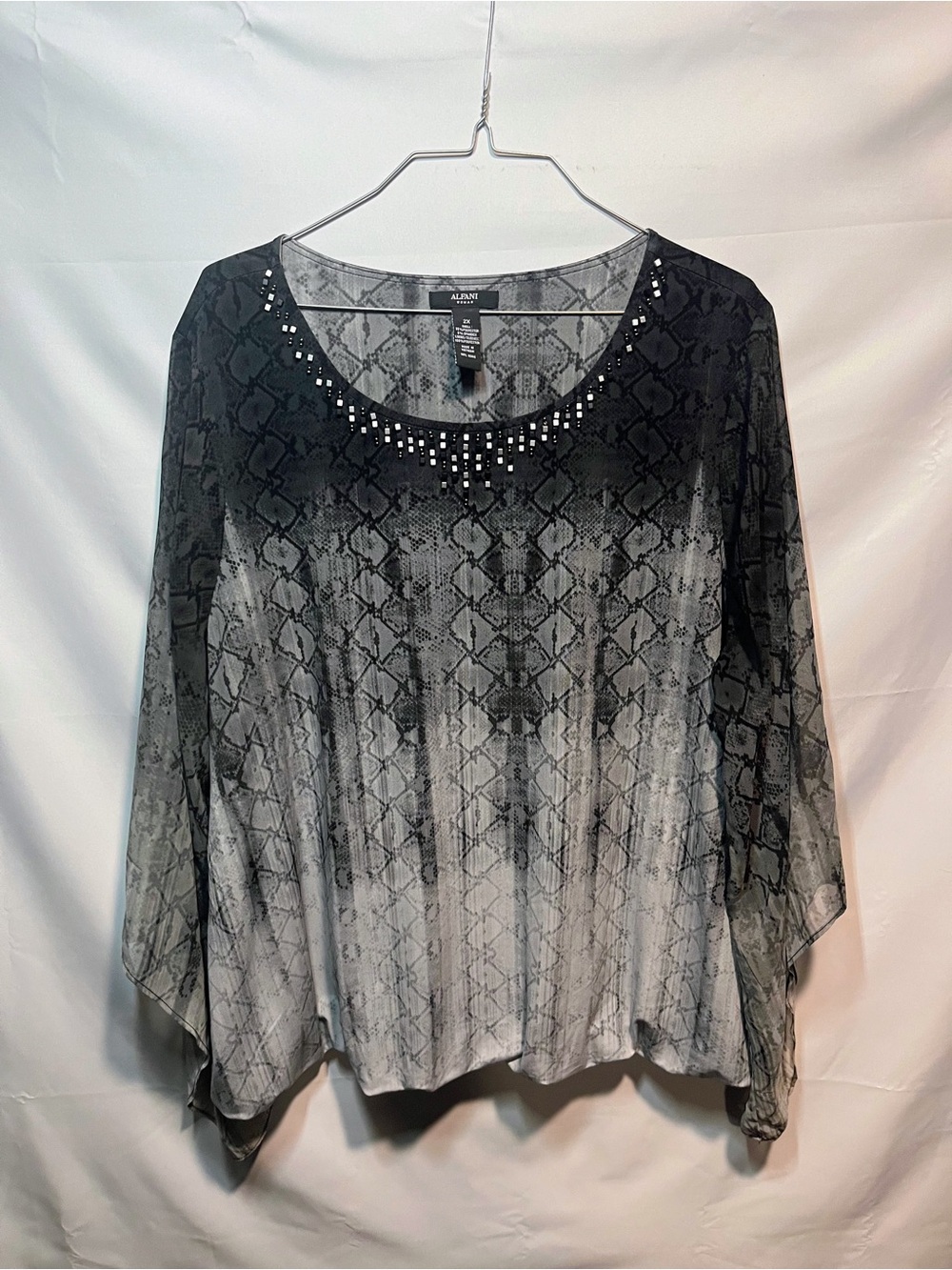 Alfani Gray and Black Snake-Print Long Sleeve Tunic with Studded Neckline